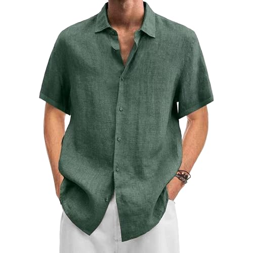 Men V-Neck Fashion Cardigan Tops Summer Button Cotton Linen Solid Shirt Casual T Shirt Suitable for All Occasions (Green,XX-Large)