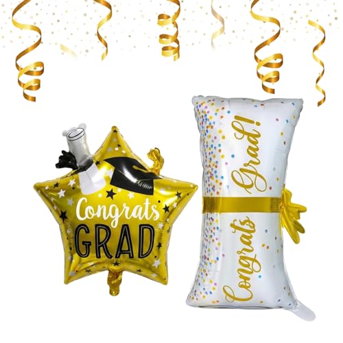 ARYIMYDP Balões de graduação | 2 x lâmina ouro: Estrela brilhante e diploma dourado. Decoração de festa para universidade, bacharel, mestre e celebração memorável.