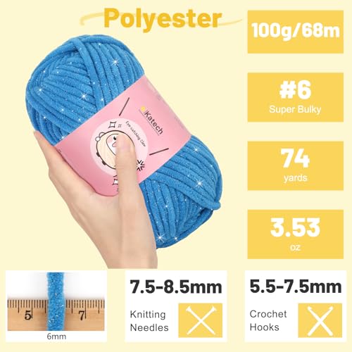 Image of Katech Sparkle Chenille Yarn for Crocheting-6 * 50g /1.76oz-6 Super Bulky