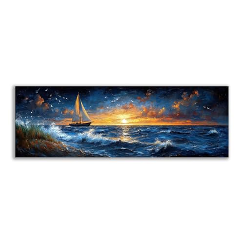 Art mural voilier coucher du soleil pour salon | Toile marine 20x60cm