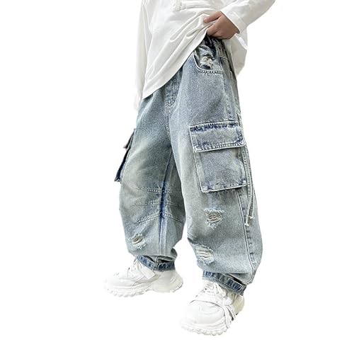 Jeans Kids Boys Age 4-14 Years Denim Trendy Baggy School Trousers Teen Boys Waist Tightener Elastic Loose Fit Comfy Stretchy Winter Spring Casual Vacation Pants (11-12 Years, Blue-1)