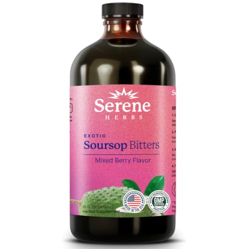 Image of Serene Herbs Soursop Bitters Liquid with Soursop Leaves for Gut Cleanse, Detox & Immune Boost with Black Seed, Moringa, Irish Moss, Ashwaganda, Turmeric,(16 Fl Oz (Pack of 1), Mixed Berry)