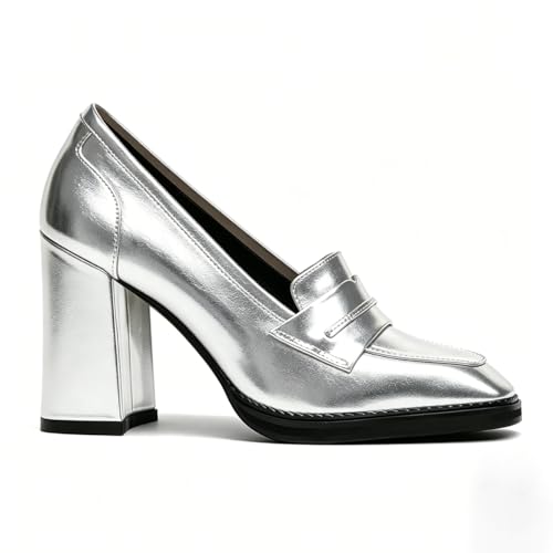 Image of FOWT Dressy High Block Heels Loafers for Women Classical Square Toe Pumps Comfortable Slip On Walking Shoes School Uniform Goth Oxfords US Size 4-16 M