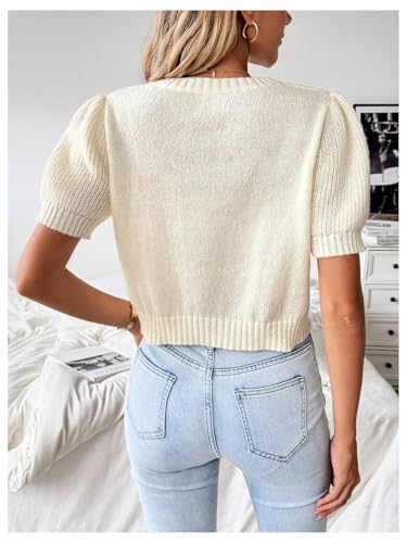 SweatyRocks Women's Crewneck Short Sleeve Crop Sweater Cable Knit Pullover Tops2