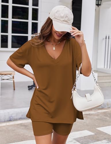 Image of Ekouaer Womens Pajamas 2 Piece Lounge Sets Oversized V Neck T-Shirts Tops Biker Shorts Set Workout Reversible Tracksuit S-XXL