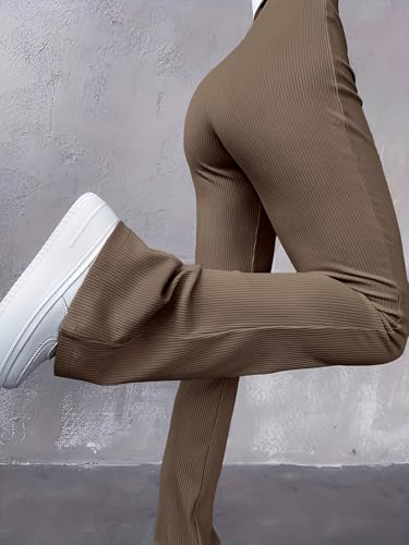 Image of Jawdrobe Women's High Waist Ribbed Flared Pants Stretchable Slim Fit Bootcut Trousers Soft Knit Casual Wear for Daily Office Travel (for Ideal Height 5.3)