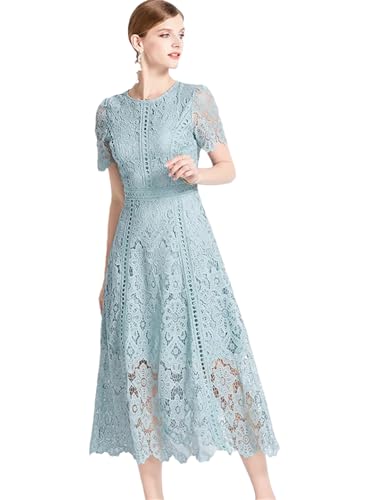 Image of Womens Vintage High-End O-Neck Short Sleeve Lace Hollow Out Dress Slim Elegant Long Dress