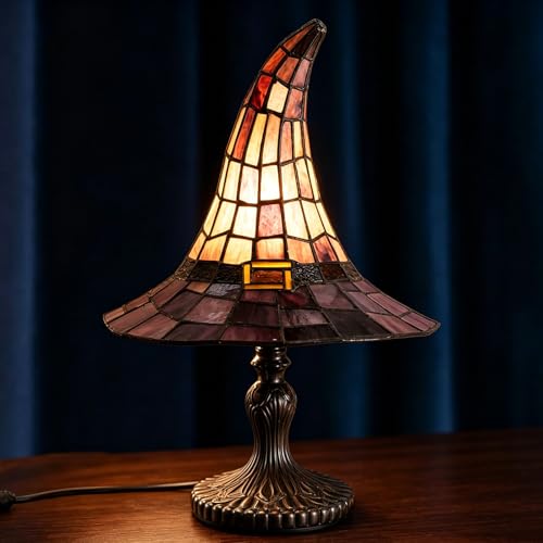 Stained Glass Witch Hat Lamp - Handcrafted Retro Resin Witch Lamp USB Powered Gothic Wizard Hats Night Light Halloween Home Decor Accent Lamps for Bedroom & Bookshelf (Purple)