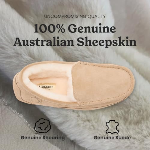Image of Fireside By Dearfoams Men's Melbourne Genuine Shearling Moccasin Slippers, Memory Foam Sudede Loafers Slip-in House Shoes
