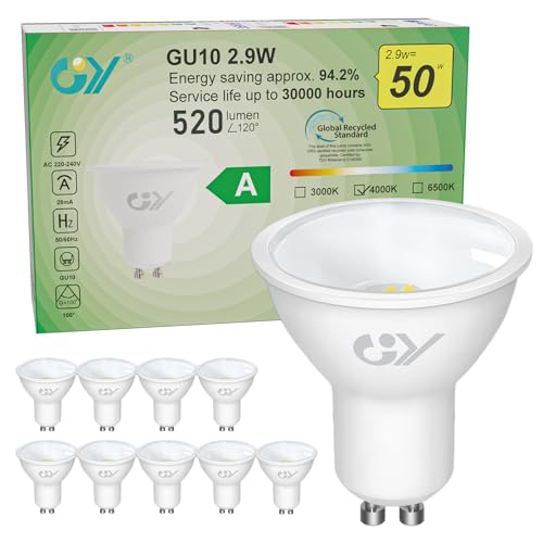 GY Ampoules LED GU10 Classe A 2.9W Equivalent 50W, 520LM 4000K Blanc Neutre, Angle de Lumière 100°, Ampoule GU10 Led Efficacité Energétique, Non-Dimmable, Lot de 10