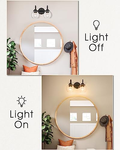 Image of 2-Light Bathroom Vanity Light Over Mirror, Matte Black Vanity Light with Clear Glass Shade, Bathroom Light Fixtures Wall Mount for Powder Room Bath, AD-22280-2W-BK