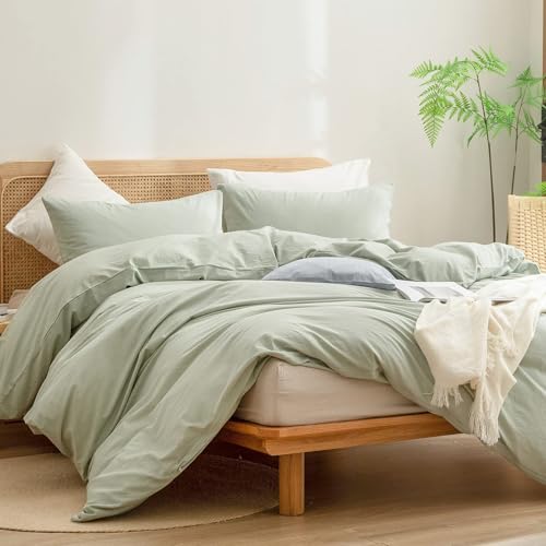 Image of BESTOUCH Cotton Solid Duvet Cover Set Linen Feel Sage Green Alaska King | 100% Washed Cotton, Soft Wrinkle Texture, Hidden Zipper, 8 Ties, Breathable Lightweight Durable Comfy, 3 Pcs No Insert