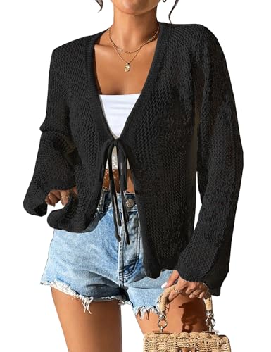 Women Lightweight Tie Front Cardigan Crochet Hollow Out Long Sleeves Summer Knit Cardigans