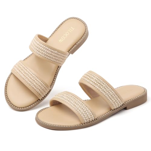 Image of Tilocow Women's Flat Sandals Two Strap Summer Dressy Studded Slide Sandals Open Toe Cute Casual Slip on Comfort Shoes for Beach Travel Daily Wear
