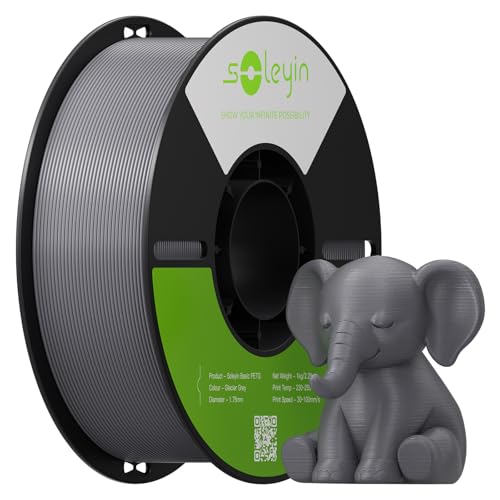 Soleyin PETG 3D Printer Filament 1.75mm Neatly Wound Strong Toughness Filament Smooth Glossy Finish 1 kg Spool(2.2lbs) Dimensional Accuracy +/- 0.02mm Fit Most FDM Printers (Grey)