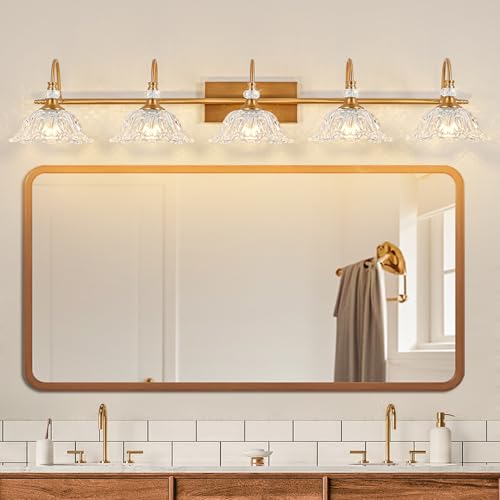 Image of Vintage Bathroom Vanity Light, 5-Light Matte Brass Finish Vanity Light with Floral Clear Glass Shades, Retro Wall Mount Lighting for Bathroom, Dressing Table