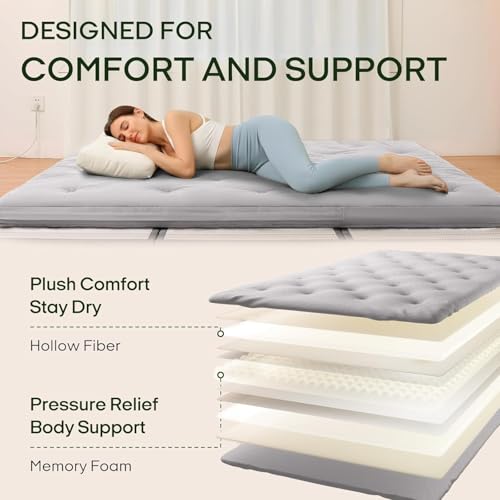 Image of ZonLi Japanese Floor Futon Mattress King Size 76 inchx 80 inch,100% Cotton Cover 4'' Thicken Tatami Mattress,Foldable Sleeping Pad,Portable Dormitory Tatami Mat(Light Grey)