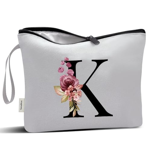 Image of Vavabox A-Z Personalized Makeup Bag, Birthday Gifts for Women Mom, Gifts for Best Friend, Bride Bridesmaid Cosmetic bag (K, Grey)