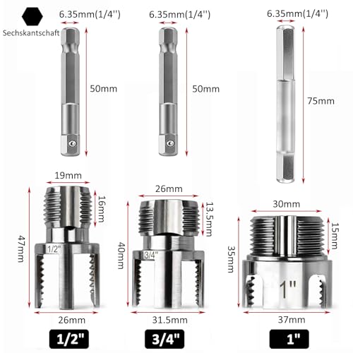 Saipor 3-tlg. PVC Gewindeschneider Set 1/2\, 3/4\ & 1\ NPT, Integriertes Werkzeug für Innen- & Außengewinde, Bohrmaschinen-kompatibler Rohrgewindeschneider mit Doppelfunktion