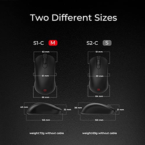 ZOWIE S1-C Mouse da gaming simmetrico per eSport,Peso ridotto,Cavo in paracord e rotella a 24 step per maggior personalizzazione,Senza driver,Finitura nero opaco,Dimensione Medio - Mouse gaming - Immagine 2