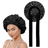 Seidenhaube Zum Schlafen,Silk Bonnet Seide,Satin Haarhaube für Damen,Schlafhaube Haare Schützen,Satin Haube Sleeping Cap,Seiden Schlafmütze Verstellbar,für Lockiges Haar Glatt Atmungsaktiv (Schwarz)