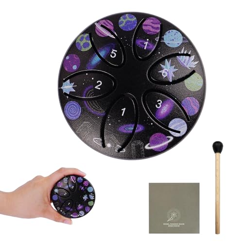 Mini Steel Tongue Drum - 3 Inch 6 Note Outdoor Garden Rain Drum Hand Pan Drum with Mallet & Music Book, Music Gift for Family and Friends (Black)