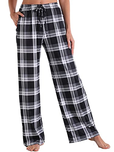 X-Image Women Plaid Pants Sleepwear Elastic Waist Soft Lounge Pants Casual Pajama Bottoms with Pockets Black-White-Plaid, Large