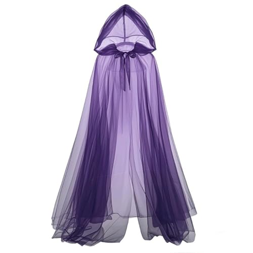 Aiosy Halloween Hooded Cape Tulle Cloak with Hood Sheer Witch Haunted Hooded Cape for Women Wedding Cosplay Costume (Purple)
