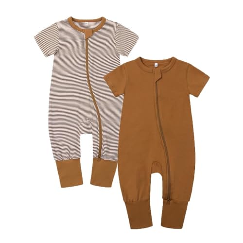 Image of BeiVSlley Baby Boy Girl's 2 Pack Summer Short Sleeve Rompers Infant Cotton Coveralls Toddler Zip front Outfits Clothes