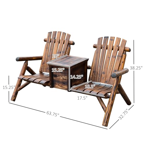 Outsunny Double Wooden Adirondack Chair with Ice Bucket, Outdoor Loveseat with High Backrest, Smooth Armrest, Rustic Brown - Image 4