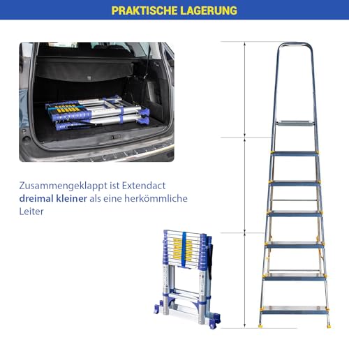 Teleskop-Trittleiter mit 11 Stufen EXTENDACT11, Teleskopleiter 3.2m+2.9m, Faltbare Trittleiter, Stabilisator, Max. Arbeitshöhe 4.7m, 5 Jahre Garantie, Hostrom