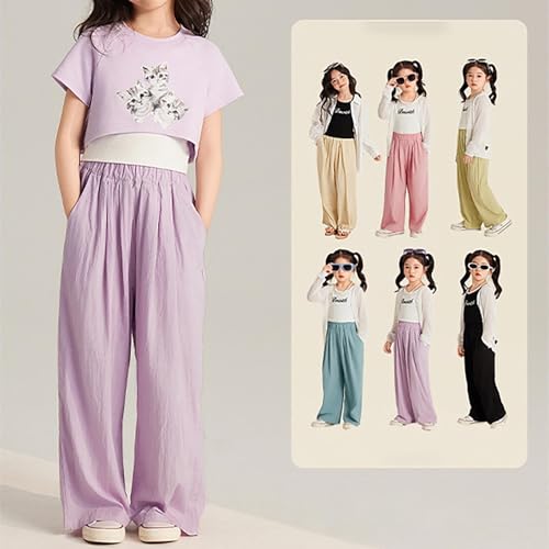 Kids Girls Loose Wide Leg Pants Baggy Elastic Waist Solid Color Pleated Casual Pants Lightweight Comfy Trousers Pockets2