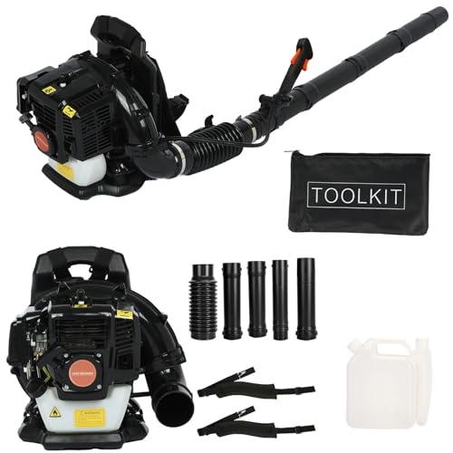 Benzin-Rucksack-Laubbläser, 665 CFM, 63 cc 2-Takt-Laubbläser für Rasenpflege, Schneewehen, Auto-Eck-Staubreinigung, gasbetriebenes Gartengebläse für Gärten, Terrassen, Dachrinnen, Einfahrten (schwarz)