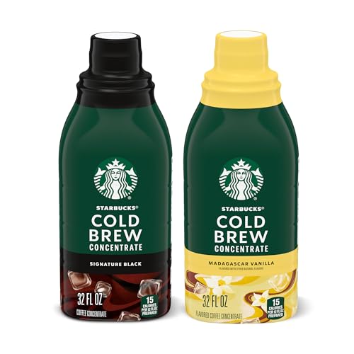 Cold Brew Gifts 11 Starbucks Cold Brew Coffee Concentrate, Signature Black and Madagascar Vanilla Flavored Iced Coffee, Two 32 fl oz Bottles
