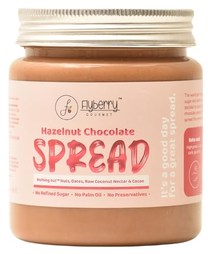 Image of Flyberry Gourmet Hazelnut Chocolate Spread | 34% Hazelnut & 23% Almond | No Palm Oil & Refined Sugar | 100% Natural Ingredients | No Added Preservatives | Easy To Spread on Bread, Paratha | 250 g
