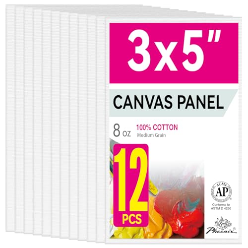 PHOENIX Small Painting Canvas Panels 3x5 Inch, 12 Value Pack - 8 Oz Triple Primed 100% Cotton Acid Free Canvas Boards for Painting, White Blank Flat Canvas Boards for Acrylic, Oil Paints