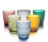 Vessyn Lot de 6 Verres Gobelets Colorés avec Motifs Reliefs Vintage   300ml   Adaptés au Lave Vaisselle   Pour Eau, Jus, Cocktail   Transparents Avec Effet Cristallin