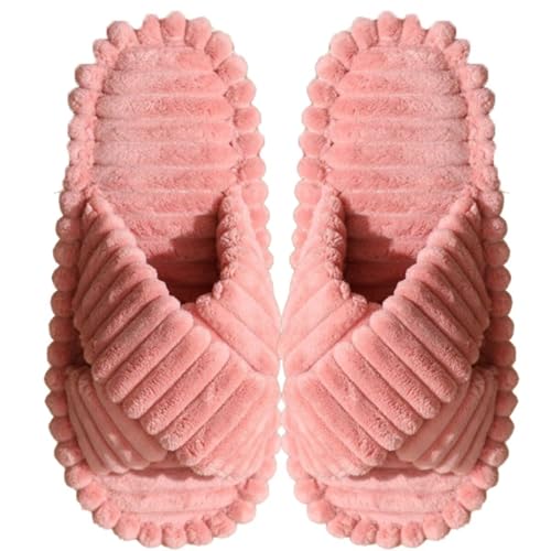 Slippers for Women Corduroy Cross Band Strap Open Toe Bedroom Comfy Anti-Skid House Slide Shoes