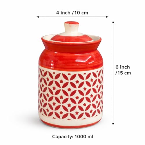 Image of D'Maiolica Pickle Jars in 1000ml (set of 2) | Handpainted Floral Pattern 1 kg Achaar Martban | Ceramic Container Set for Kitchen Storage (Pack of 2) (Crafted Geomatric Pattern)