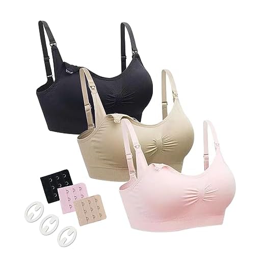HBselect 3Pcs Schwamgerschafts Still Schlaf BH mit Spitze Ohne Bügel Nathloser Still-BH Büstier mit Spitz für die Nacht Stillen und Schlafen 6 neppein Still BH 3Pcs Nahtloser Schwangerschafts BH Mit Abnehmbaren Untersetzer Und Zusätzlichen BH-Verlängerungen für Damen, Ohne Bügel,Rosa/Schwarz/Beige,L