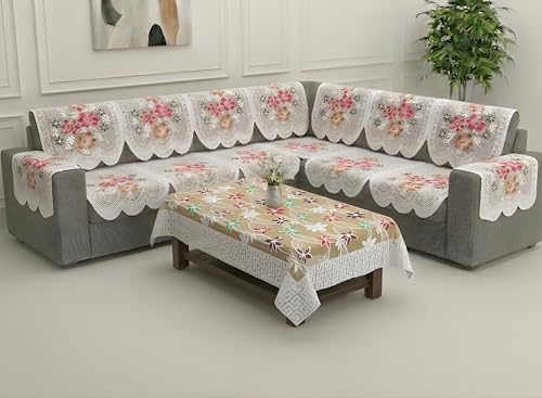 Image of Fab Nation Sofa Cover L Shape 7 Seater with Corner L Type Fully Covered Sofa Set for Living Room | Cotton Sofa Slipcovers for 4 + 3 Seaters Cover with 2 Arms + 1 Table Cover | Yellow Diamond