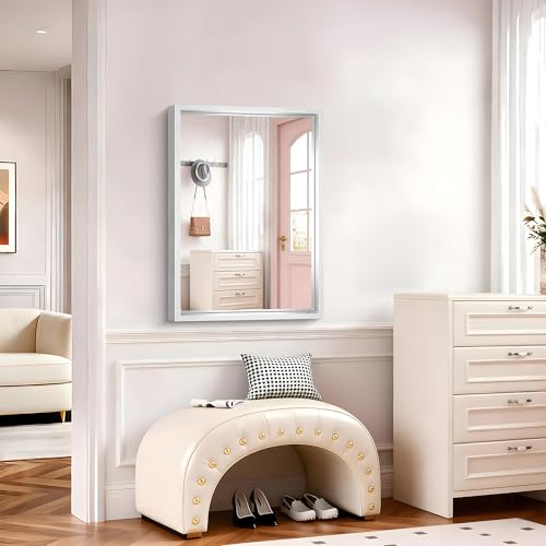 Image of Bathroom Mirror, 22 x 30 inch Brushed Silver Rectangular Mirror for Wall, 0.6 inch Thickened Deep Frame Mirrors for Bathroom Sink, Shatterproof Tempered Glass, Antirust, Horizontally or Vertically