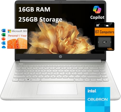 HP 14 ノートパソコン (14インチ アンチグレア、Intel Celeron N4120、16GB RAM、256GBストレージ (128GB eMMC + 128GB IST SDカード)) 学校&ビジネス、11時間のバッテリー寿命、1年間のOff