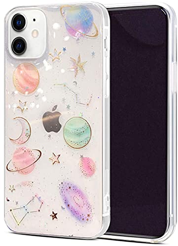 Abbery Designed For Iphone 12/Iphone 12 Pro Stars Moon Case, Clear With Design Cute Bling Glitter Sparkle Soft Tpu Flexible Rubber Star Moon Aesthetic Phone Case For Women Girls (Planet) #TOP6