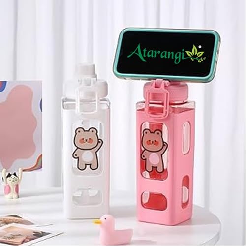 Image of Atarangi Kawaii Water Bottle for Girls with Straw & Movable Handle | Leak-Proof BPA-Free Cute Plastic Bottle with 2D & 3D Stickers | Stylish School & Travel Bottle for Kids