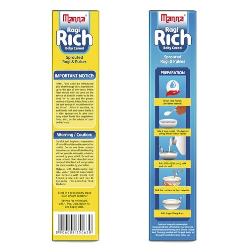 Manna Baby Cereal. No added sugar, baby food safe for 6 - 24 months, BIS Approved cereal based complimentary food, sprouted millets & pulses for easy digestion. Allergen Free. Sprouted Ragi & Pulses 200g