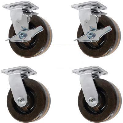 CasterHQ - 6" X 2" HIGH Temperature PHENOLIC Wheel | Swivel Caster Set of 4 | 2 with Brakes | 3,600 LBS Capacity PER Set of 4
