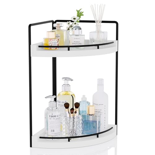Image of Corner Bathroom Counter Organizer, 2 Tier Wood Vanity Storage, Waterproof Skincare Shelf for Kitchen & Toiletries Decor, Dresser (White-2 Tier)