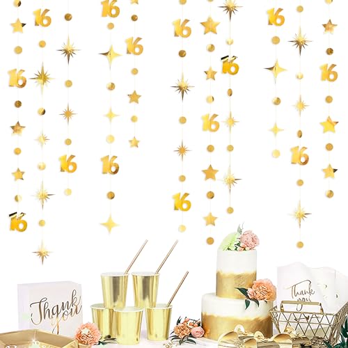 Image of Gold 16th Birthday Decorations Number 16 Circle Dot Twinkle Star Garland Metallic Streamer Banner Backdrop for Girls Boys Happy 16th Birthday Sweet Sixteen Anniversary Cheers to 16 Years Party Decor