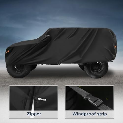 Image of Car Cover Waterproof All Weather with Driver Door Zipper for Jeep Wrangler JK JL 2 Door 2007-2021 / Full Exterior Cover /Durable 210D Oxford Cloth / 1Pcs Black